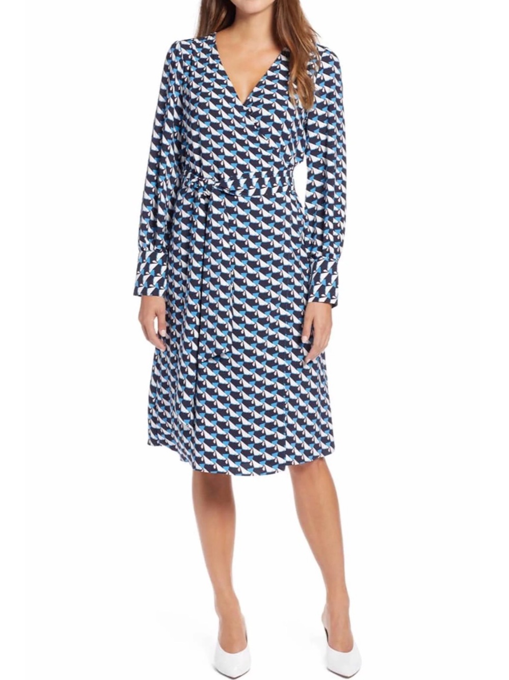 Diane Von Furstenberg Navy and White Geometric Wrap Dress